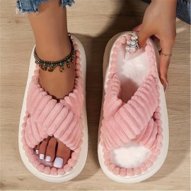 Women's Plush Platform Slippers, Cross Strap Open Toe Memory Foam Shoes, Indoor Anti-slip Fuzzy Slippers