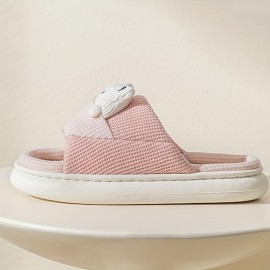 Women's Cute Cartoon Printed Slipper, Slip On Open Toe Home Non-slip Linen Sole Slides Shoes, Cozy Plush Indoor Shoes