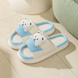 Women's Cute Cartoon Printed Slipper, Slip On Open Toe Home Non-slip Linen Sole Slides Shoes, Cozy Plush Indoor Shoes