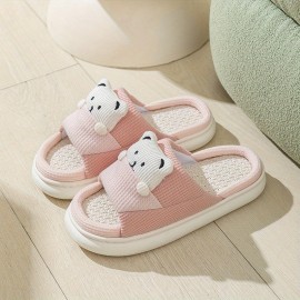 Women's Cute Cartoon Printed Slipper, Slip On Open Toe Home Non-slip Linen Sole Slides Shoes, Cozy Plush Indoor Shoes