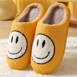 Kawaii Design Smiling Face Slippers, Warm Slip On Soft Plush Cozy Shoes, Women's Indoor Home Slippers