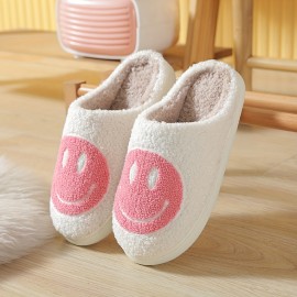 Kawaii Design Smiling Face Slippers, Warm Slip On Soft Plush Cozy Shoes, Women's Indoor Home Slippers