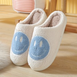 Kawaii Design Smiling Face Slippers, Warm Slip On Soft Plush Cozy Shoes, Women's Indoor Home Slippers