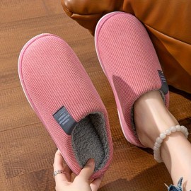 Solid Color Home Warm Slippers, Soft Sole Flat Non-slip Plush Shoes, Winter Closed Toe Cozy Shoes