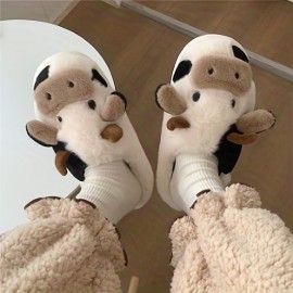 Cute Cartoon Cow Design Slippers, Kawaii Plush Lined Non Slip Bedroom Shoes, Warm & Comfortable Shoes