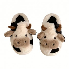 Cute Cartoon Cow Design Slippers, Kawaii Plush Lined Non Slip Bedroom Shoes, Warm & Comfortable Shoes