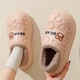 Cute Bear Waterproof Slippers, Cozy & Warm Plush Lined Slip On Shoes, Winter Indoor & Outdoor Slippers