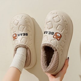 Cute Bear Waterproof Slippers, Cozy & Warm Plush Lined Slip On Shoes, Winter Indoor & Outdoor Slippers