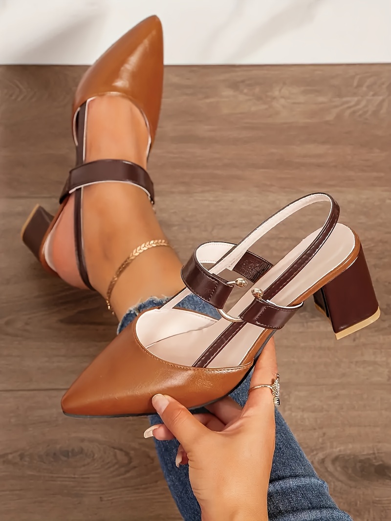 womens colorblock trendy sandals ankle buckle strap comfy chunky heel soft sole shoes versatile point toe dress shoes details 3